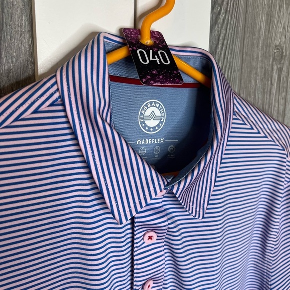 040. Flag & Anthem Men's Blue Pink Striped Performance Polo Shirt Medium - Picture 2 of 6